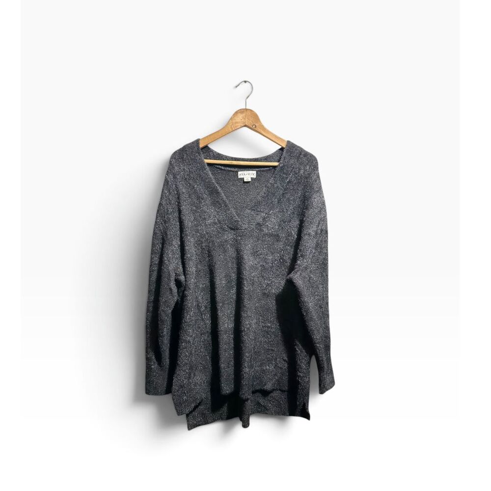 Ava & Viv Knit Sweater Women's 2X Black Fluffy V Neck Tunic Pullover Top